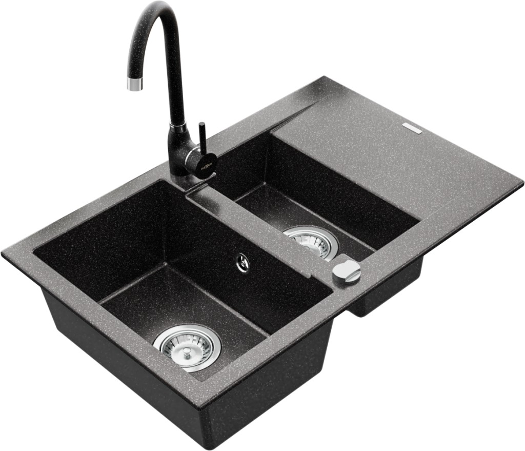 MEXEN/S MEXEN/S - Gaspar granitový drez 1.5 s odkvapkávačom vrátane batérie Telma, čierna kropenatý 6507-76-670200-76