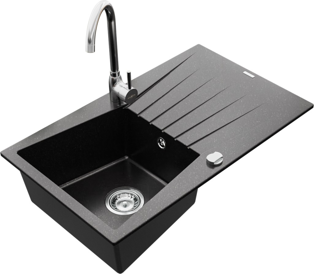 MEXEN/S MEXEN/S - Cesar granitový drez 1 s odkvapkávačom vrátane batérie Telma, čierna/strieborný 6514-73-670200-00