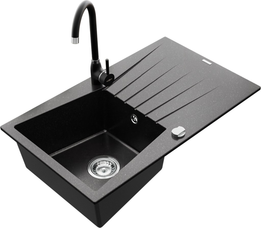 MEXEN/S MEXEN/S - Cesar granitový drez 1 s odkvapkávačom vrátane batérie Telma, čierna/strieborný 6514-73-670200-70