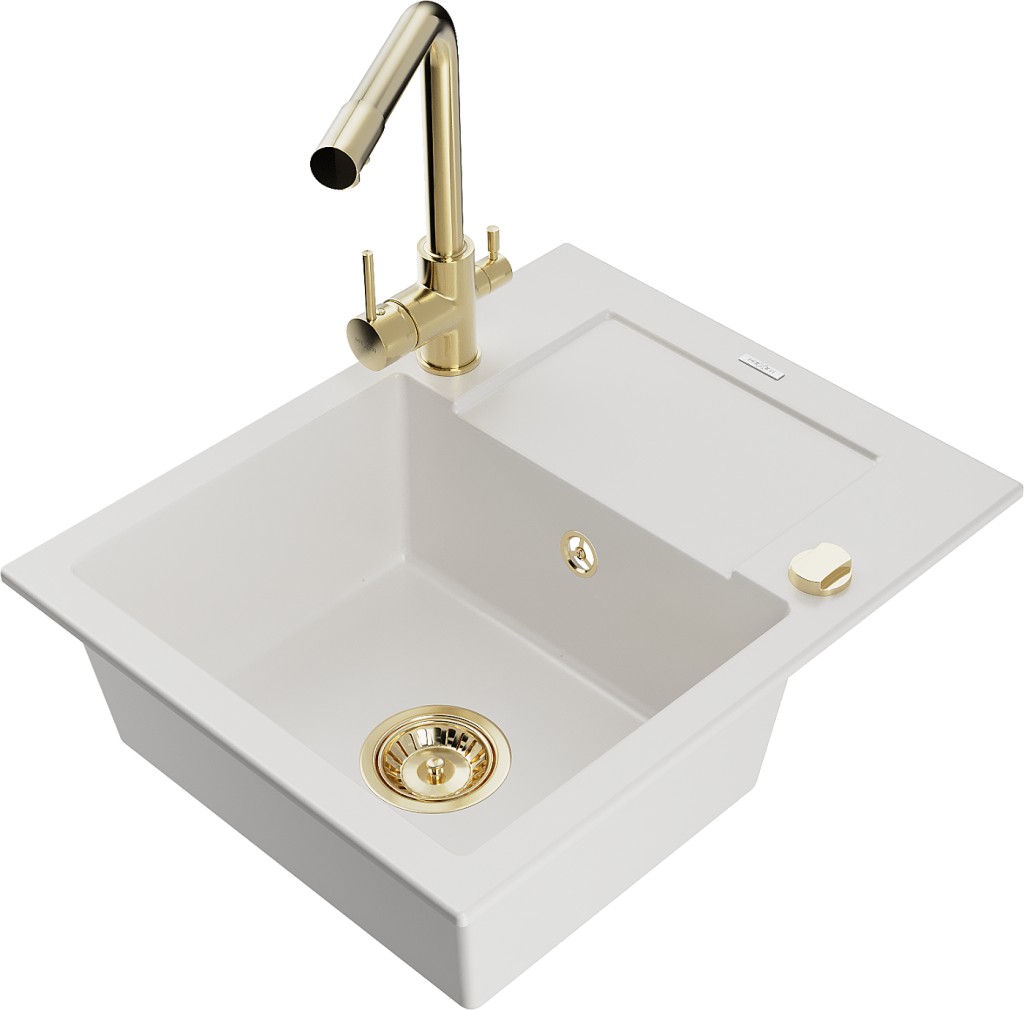 MEXEN/S MEXEN/S - Enzo granitový drez 1-miska s odkvapkávačom vrátane batérie Duero, biela 6506-20-671600-50