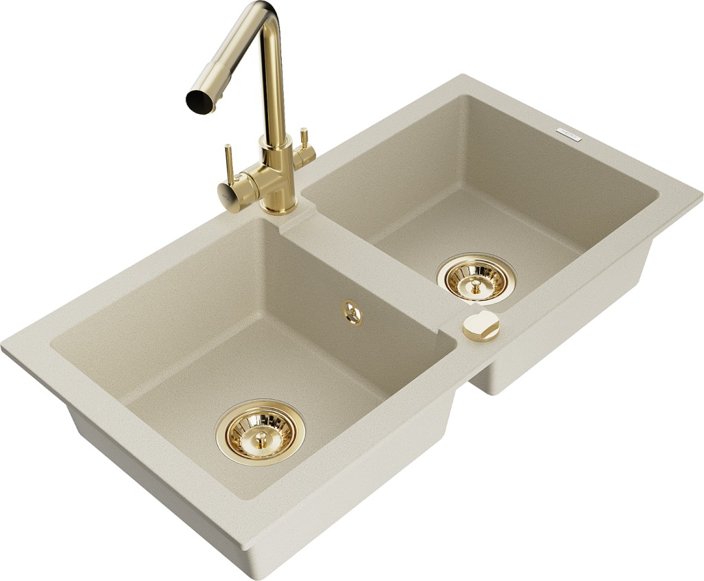 MEXEN/S MEXEN/S - Mario granitový drez 2-bowl vrátane batérie Duero, béžová 6504-69-671600-50