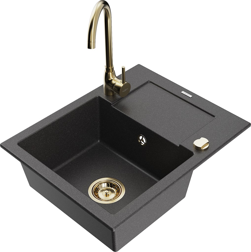 MEXEN/S MEXEN/S - Enzo granitový drez s odkvapkávačom vrátane batérie Telma, čierna kropenatá 6506-76-670200-50