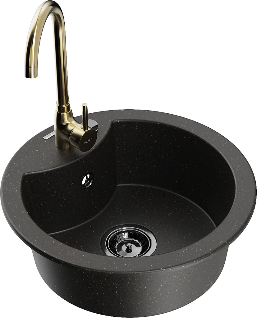 MEXEN/S MEXEN/S - Diego granitový drez vrátane batérie Telma, čierna/zlatá 6512-75-670200-50-B