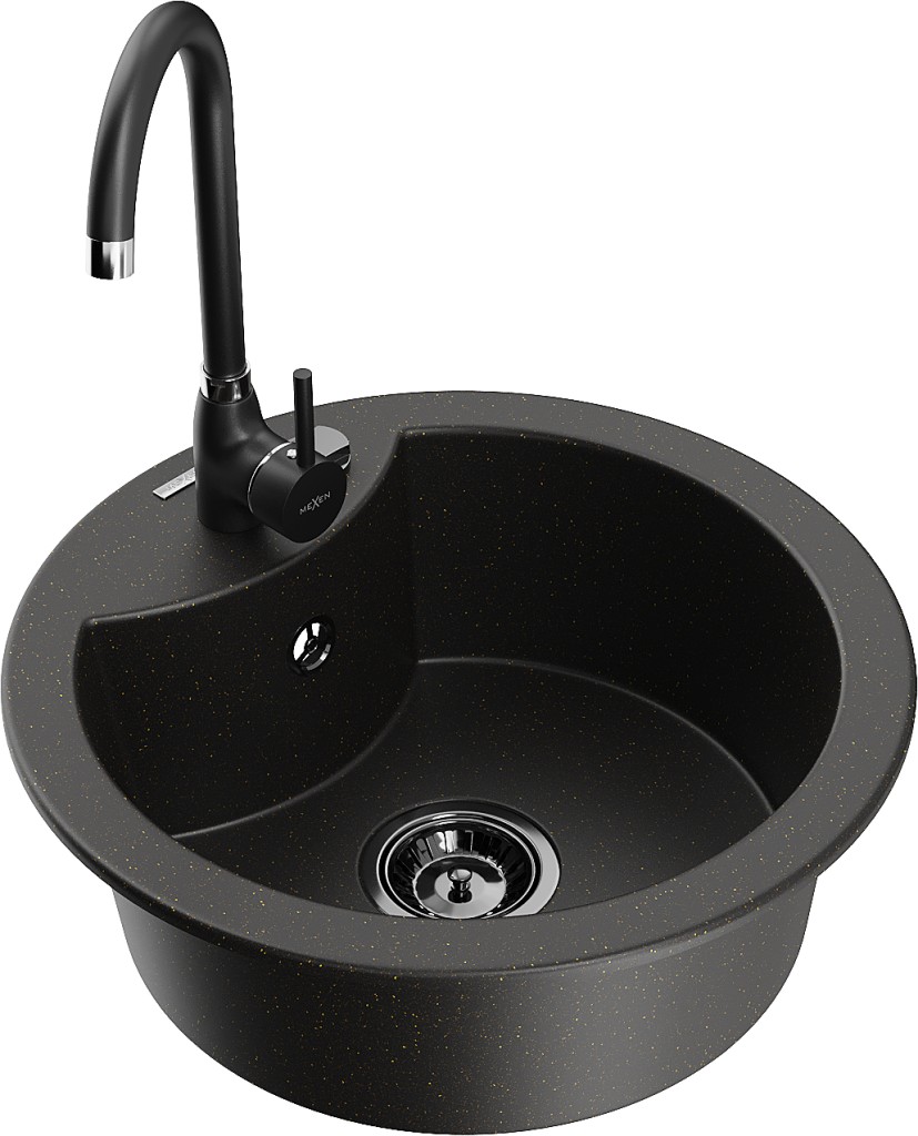 MEXEN/S MEXEN/S - Diego granitový drez vrátane batérie Telma, čierna/zlatá 6512-75-670200-70-B