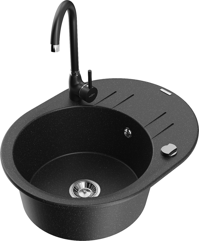 MEXEN/S MEXEN/S - Kevin granitový drez s odkvapkávačom vrátane batérie Telma, čierna/strieborná metalík 6517-73-670200-70