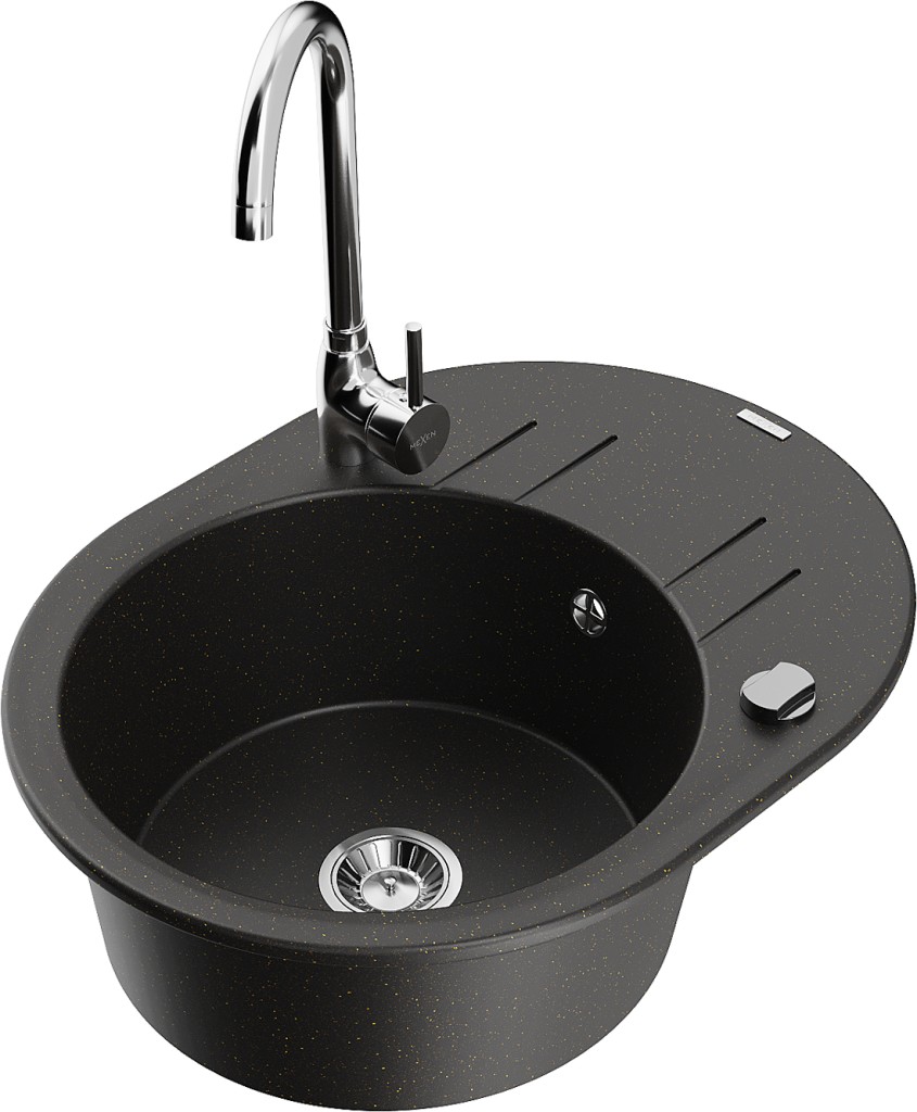 MEXEN/S MEXEN/S - Kevin granitový drez s odkvapkávačom vrátane batérie Telma, čierna/zlatá metalik 6517-75-670200-00