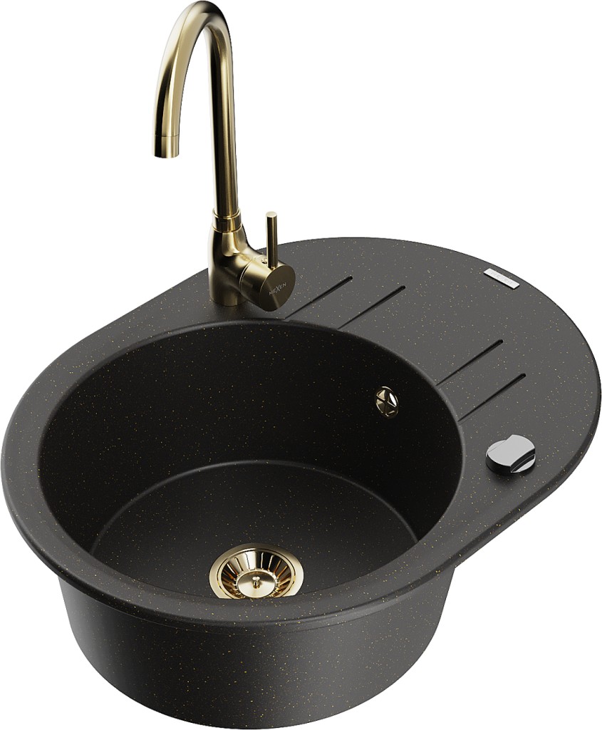 MEXEN/S MEXEN/S - Kevin granitový drez s odkvapkávačom vrátane batérie Telma, čierna/zlatá metalik 6517-75-670200-50