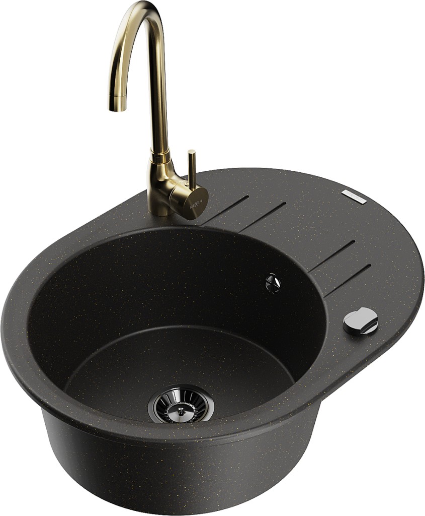 MEXEN/S MEXEN/S - Kevin granitový drez s odkvapkávačom vrátane batérie Telma, čierna/zlatá metalik 6517-75-670200-50-B