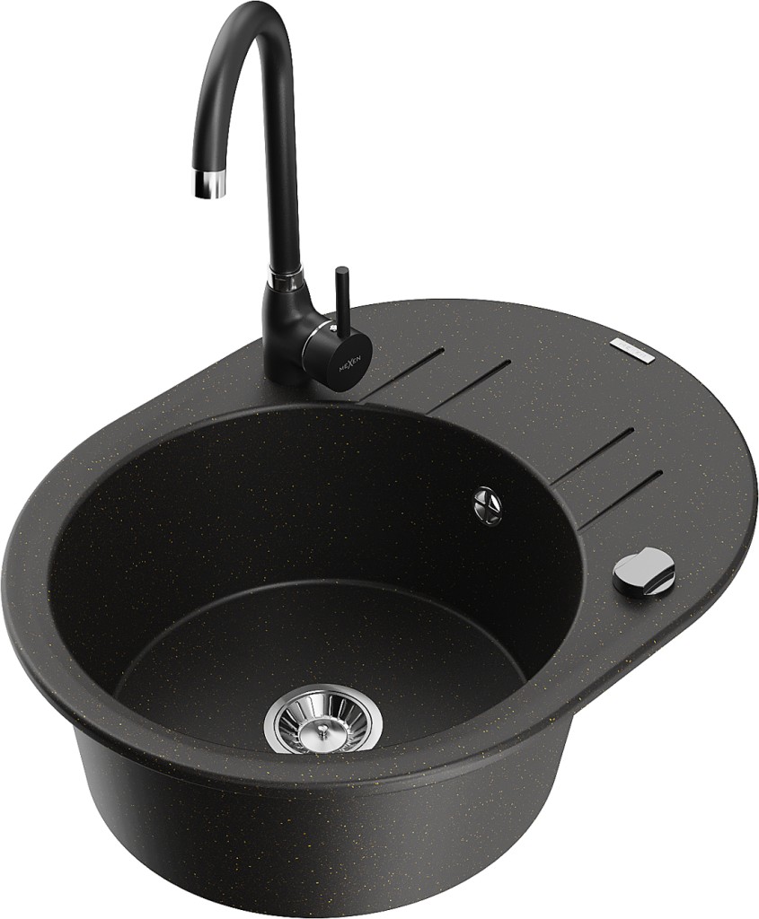 MEXEN/S MEXEN/S - Kevin granitový drez s odkvapkávačom vrátane batérie Telma, čierna/zlatá metalik 6517-75-670200-70