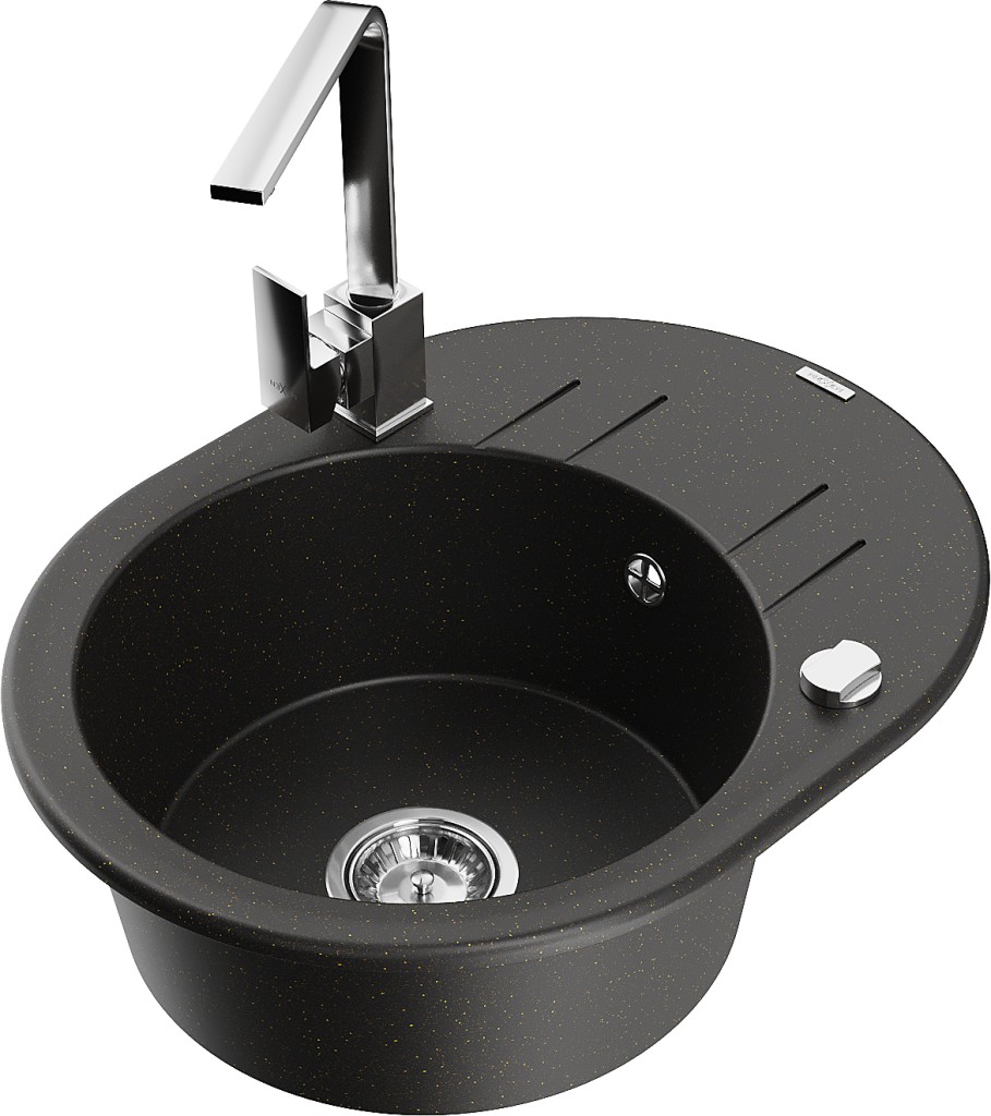 MEXEN/S MEXEN/S - Kevin granitový drez s odkvapkávačom vrátane batérie Rita, čierna/zlatá metalik 6517-75-670300-00