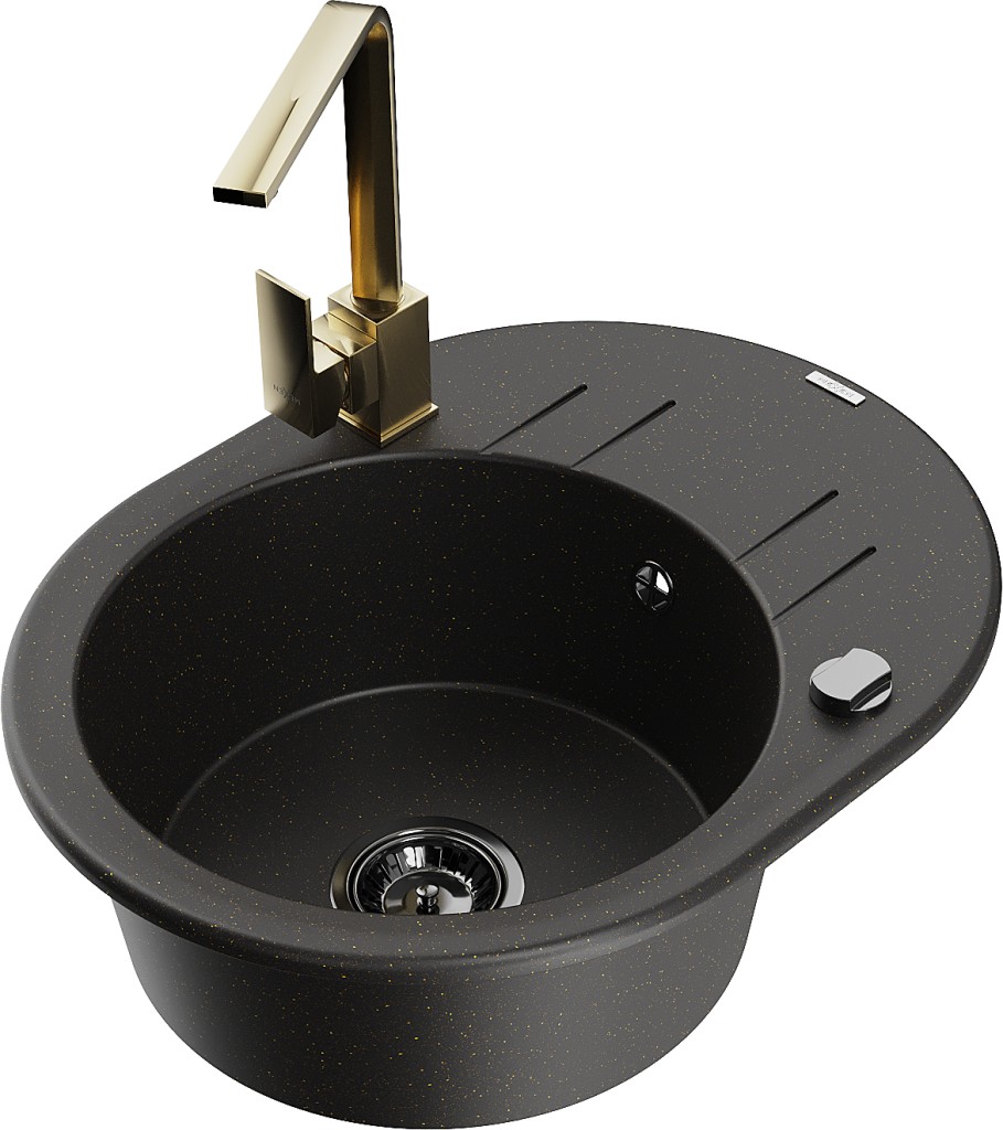MEXEN/S MEXEN/S - Kevin granitový drez s odkvapkávačom vrátane batérie Rita, čierna/zlatá metalik 6517-75-670300-50-B