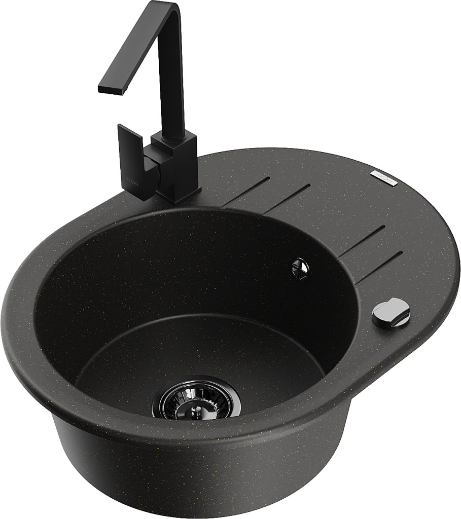 MEXEN/S MEXEN/S - Kevin granitový drez s odkvapkávačom vrátane batérie Rita, čierna/zlatá metalik 6517-75-670300-70-B