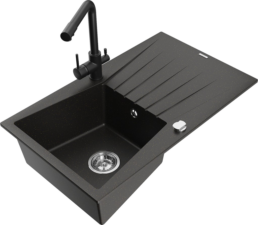 MEXEN/S MEXEN/S - Cesar granitový drez s odkvapkávačom vrátane batérie Duero, čierna/zlatá metalik 6514-75-671600-70