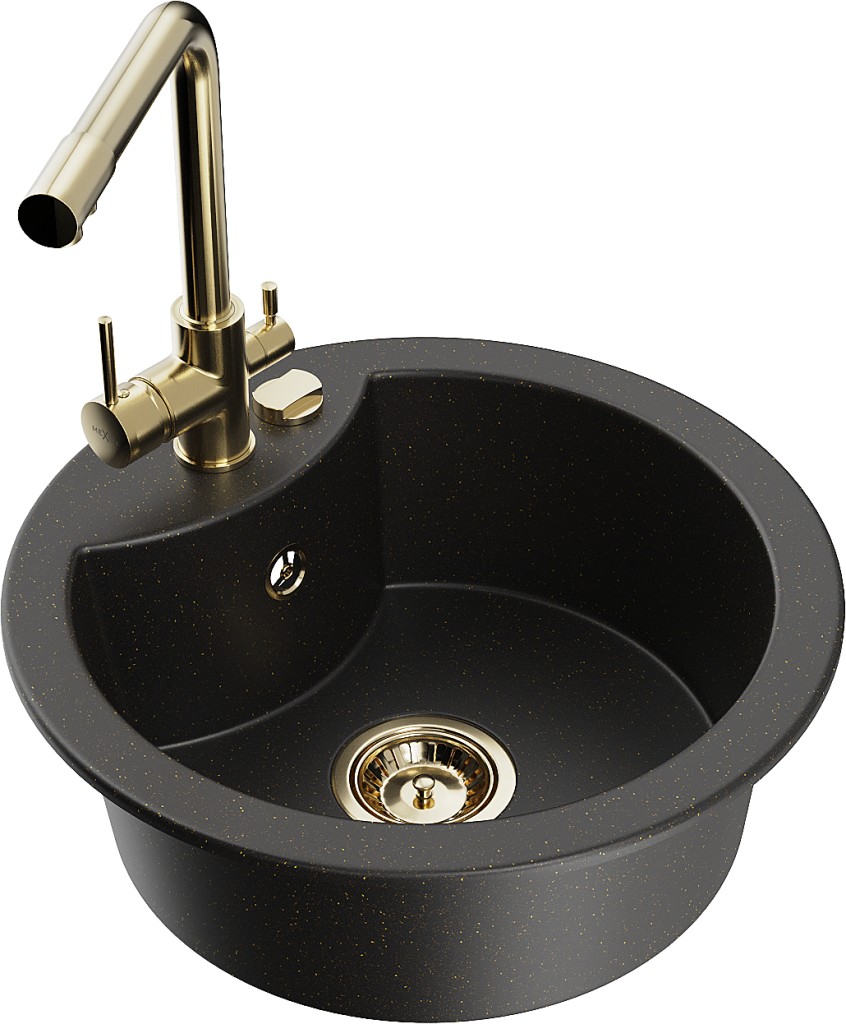 MEXEN/S MEXEN/S - Diego granitový drez 1-miska vrátane batérie Duero, čierna/zlatá metalik 6512-75-671600-50