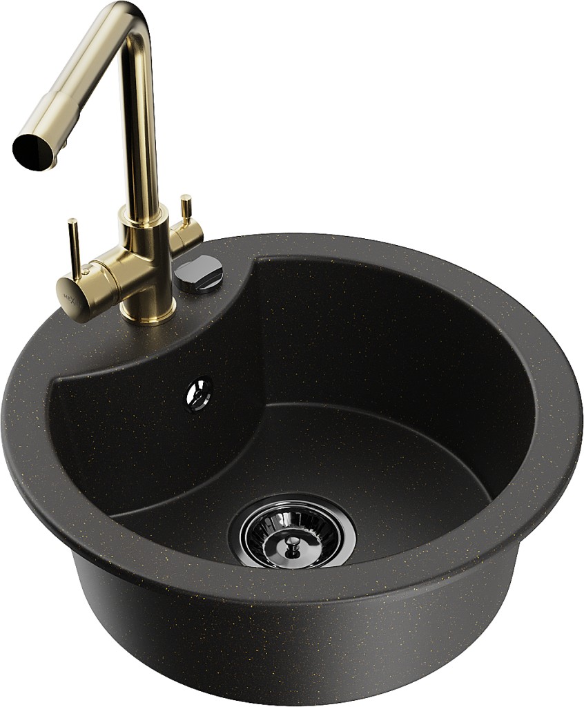 MEXEN/S MEXEN/S - Diego granitový drez vrátane batérie Duero, čierna/zlatá metalik 6512-75-671600-50-B