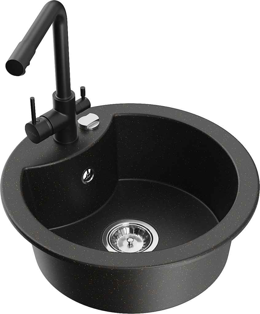 MEXEN/S MEXEN/S - Diego granitový drez vrátane batérie Duero, čierna/zlatá metalik 6512-75-671600-70