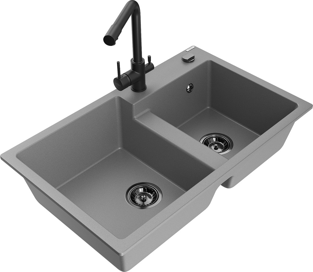 MEXEN/S MEXEN/S - Tomas granitový drez 2-bowl vrátane batérie Duero, šedá 6516-71-671600-70-B