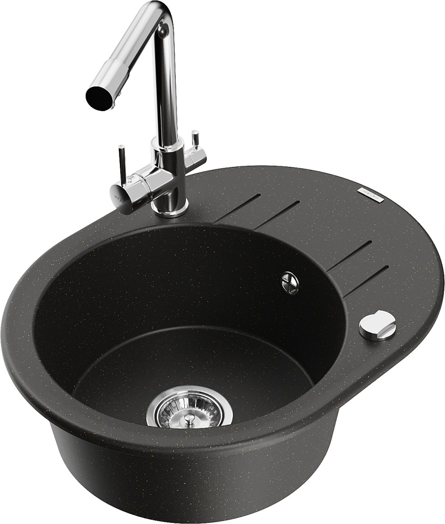 MEXEN/S MEXEN/S - Kevin granitový drez s odkvapkávačom vrátane batérie Duero, čierna/zlatá metalik 6517-75-671600-00