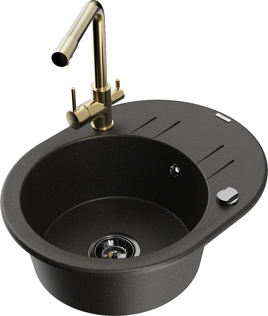 MEXEN/S MEXEN/S - Kevin granitový drez s odkvapkávačom vrátane batérie Duero, čierna/zlatá metalik 6517-75-671600-50-B