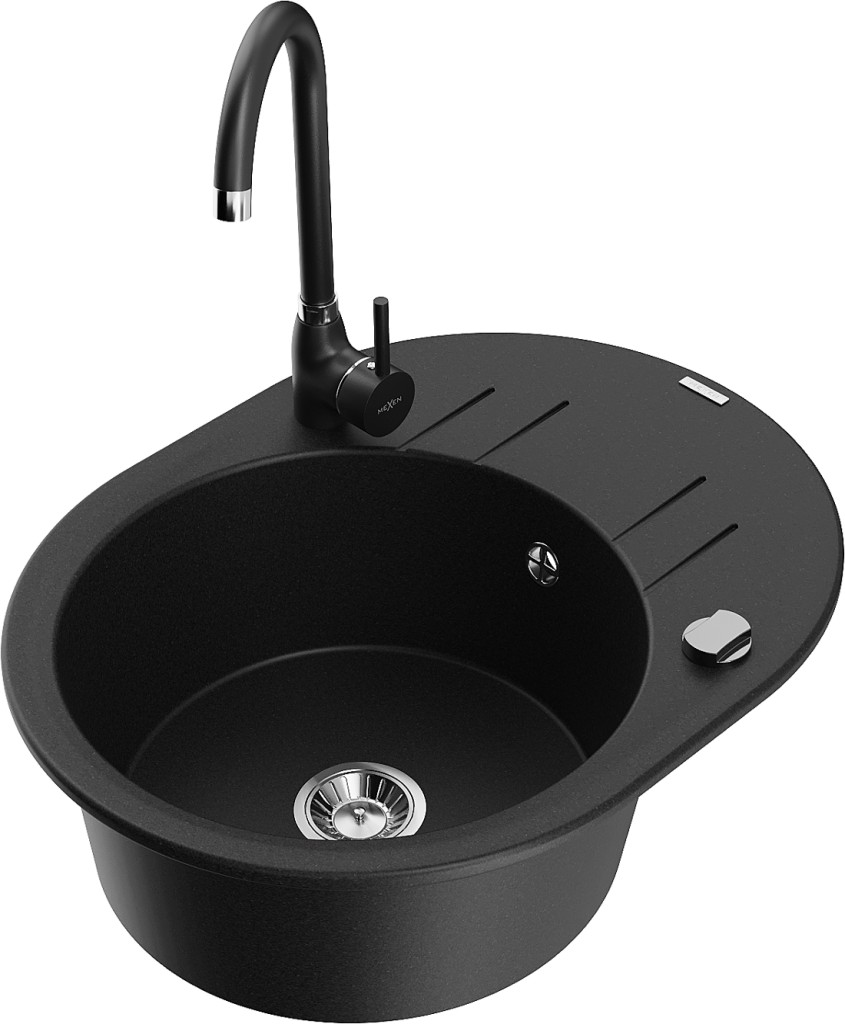 MEXEN/S MEXEN/S - Kevin granitový drez 1 s odkvapkávačom vrátane batérie Telma, čierna 6517-77-670200-70