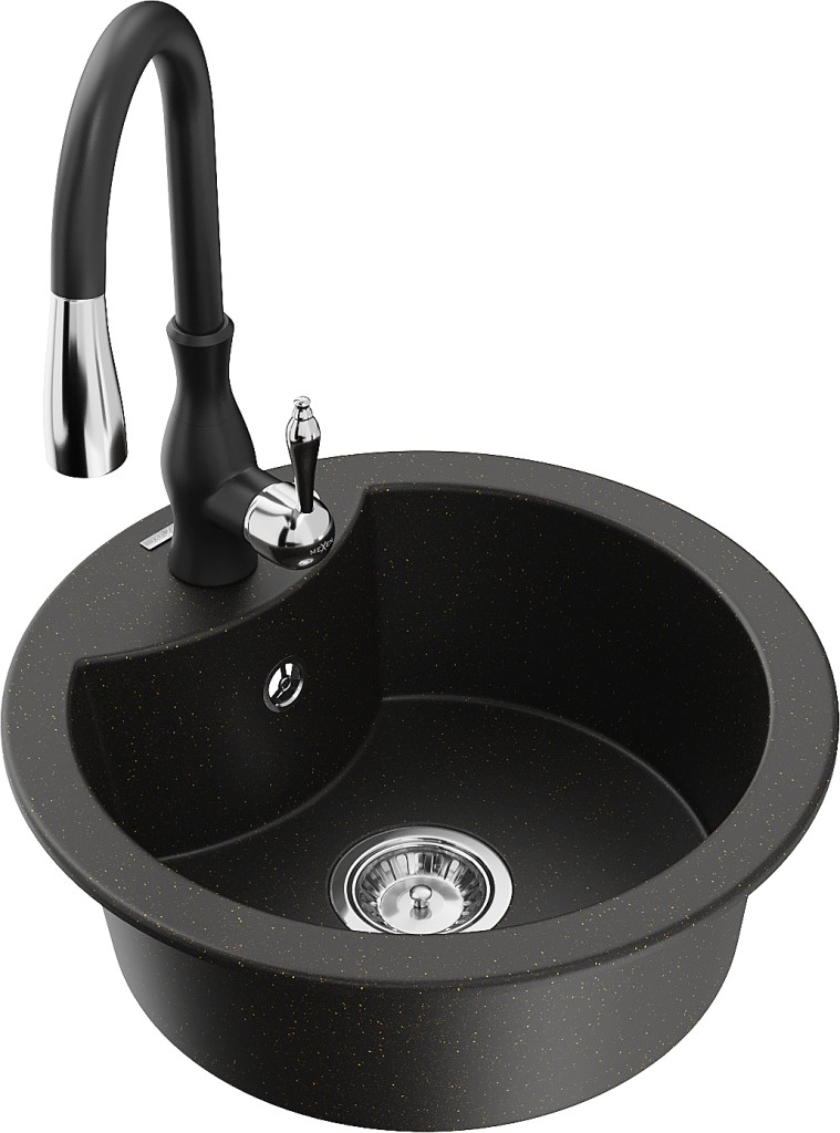 MEXEN/S MEXEN/S - Diego granitový drez 1-miska vrátane batérie Savita, čierna/zlatá metalik 6512-75-672601-70