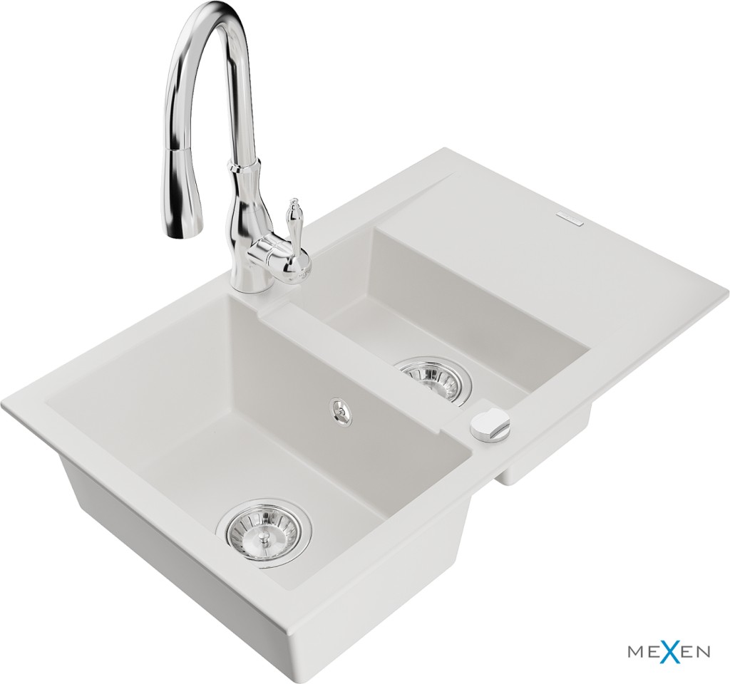 MEXEN/S MEXEN/S - Gaspar granitový drez 1.5 s odkvapkávačom vrátane batérie Savita, biela 6507-20-672601-00