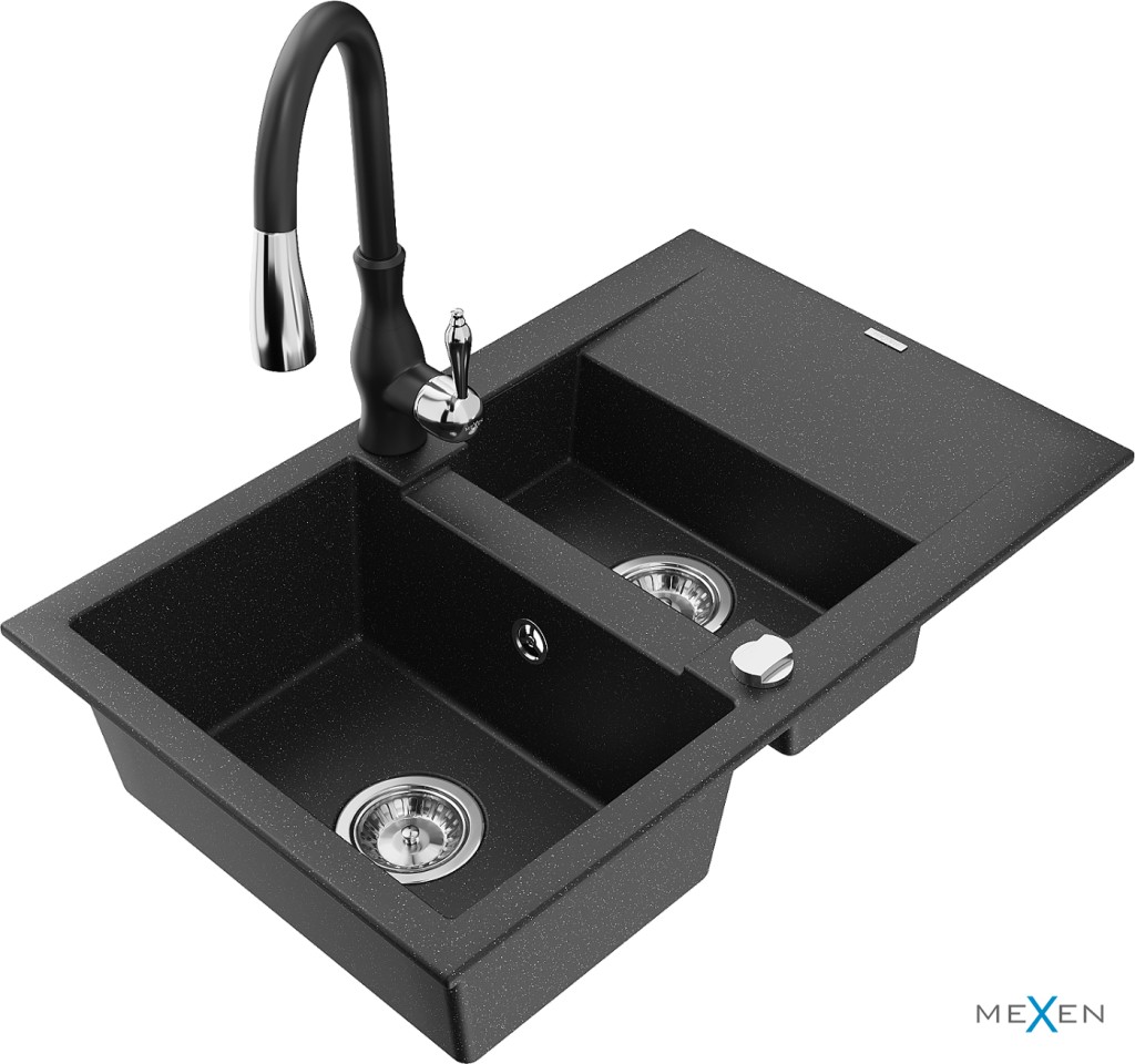 MEXEN/S MEXEN/S - Gaspar granitový drez 1.5 s odkvapkávačom vrátane batérie Savita, čierna/strieborná 6507-73-672601-70