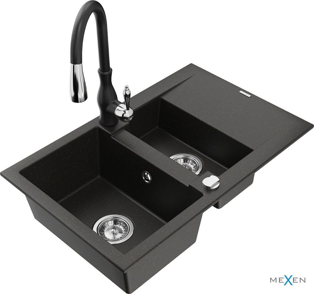 MEXEN/S MEXEN/S - Gaspar granitový drez 1.5 s odkvapkávačom vrátane batérie Savita, čierna/zlatá 6507-75-672601-70