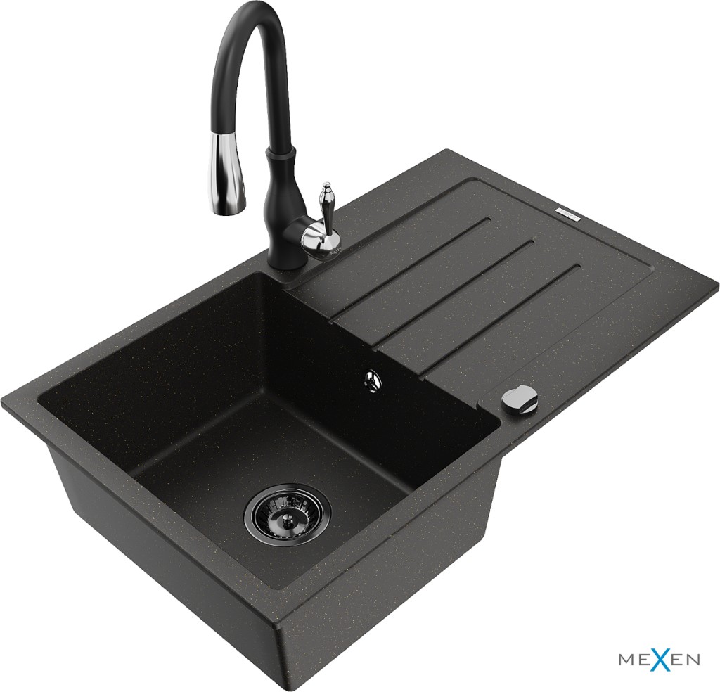MEXEN/S MEXEN/S - Bruno granitový drez 1 s odkvapkávačom vrátane batérie Savita, čierna/zloty metalik 6513-75-672601-70-B
