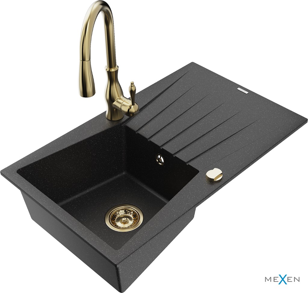 MEXEN/S MEXEN/S - Cesar granitový drez 1 s odkvapkávačom vrátane batérie Savita, čierna/strieborná metalík 6514-73-672601-50