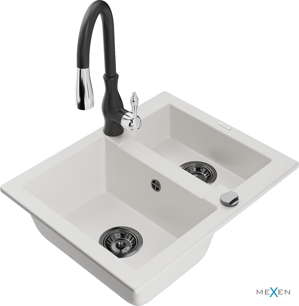 MEXEN/S MEXEN/S - Carlos granitový drez 1.5 vrátane batérie Savita, biela 6518-20-672601-70