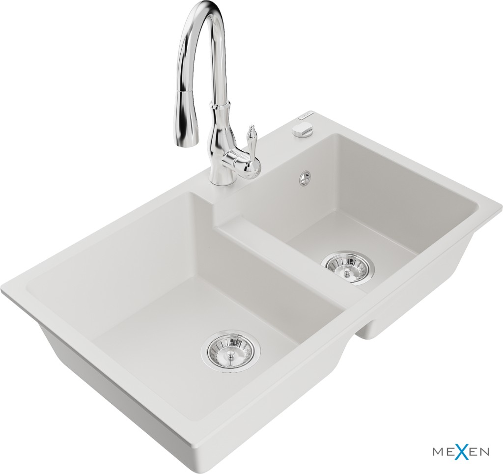MEXEN/S MEXEN/S - Tomas granitový drez 2-bowl vrátane batérie Savita, biela 6516-20-672601-00