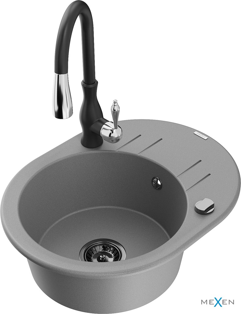 MEXEN/S MEXEN/S - Kevin granitový drez 1 s odkvapkávačom vrátane batérie Savita, šedá 6517-71-672601-70-B