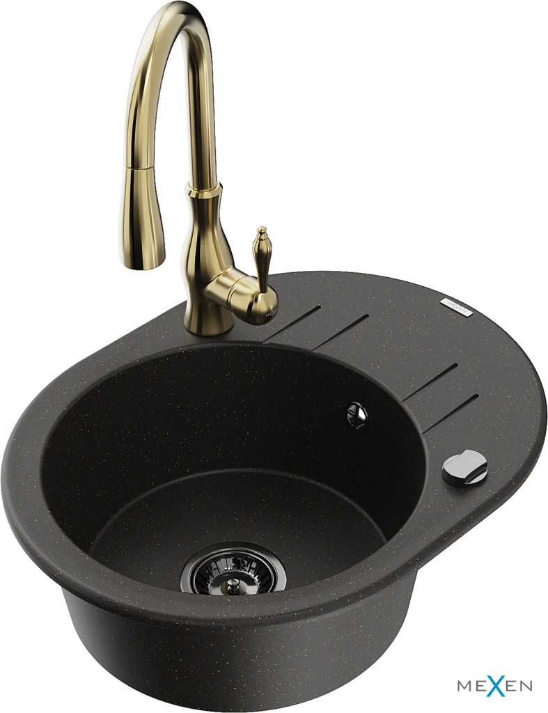MEXEN/S MEXEN/S - Kevin granitový drez 1 s odkvapkávačom vrátane batérie Savita, čierna/zlatá metalik 6517-75-672601-50-B