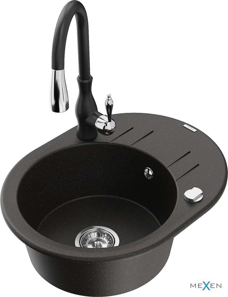 MEXEN/S MEXEN/S - Kevin granitový drez 1 s odkvapkávačom vrátane batérie Savita, čierna/zlatá metalik 6517-75-672601-70