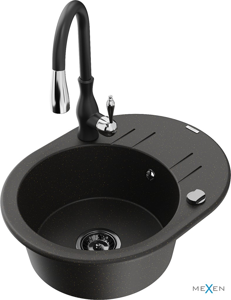 MEXEN/S MEXEN/S - Kevin granitový drez 1 s odkvapkávačom vrátane batérie Savita, čierna/zlatá metalik 6517-75-672601-70-B