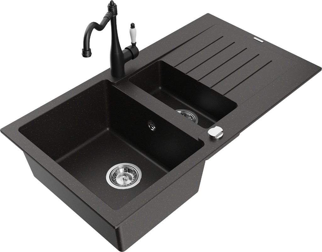 MEXEN/S MEXEN/S - Matias granitový drez 1.5 s odkvapkávačom vrátane batérie Carla čierna/zlatá metalik 6502-75-670700-70