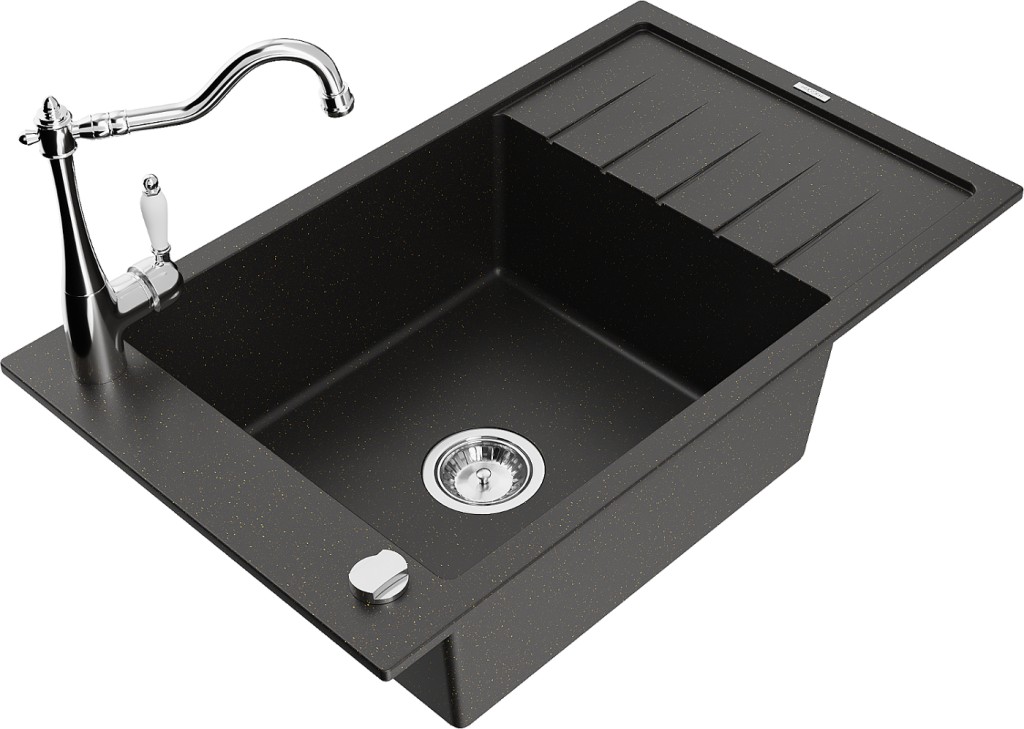 MEXEN/S MEXEN/S - Elias granitový drez 1-miska vrátane batérie Carla, čierna/zlatá metalik 6511-75-670700-00