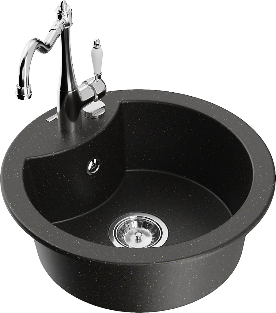 MEXEN/S MEXEN/S - Diego granitový drez 1-miska vrátane batérie Carla, čierna/zlatá metalik 6512-75-670700-00