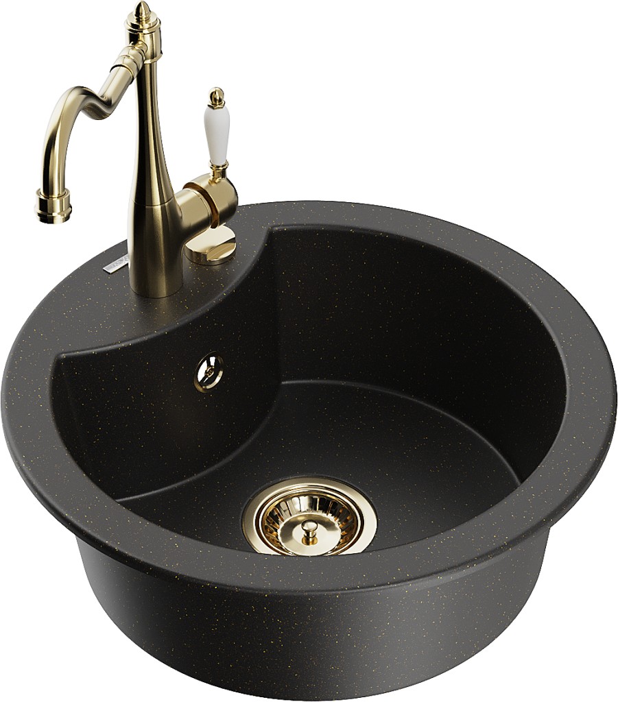 MEXEN/S MEXEN/S - Diego granitový drez 1-miska vrátane batérie Carla, čierna/zlatá metalik 6512-75-670700-50