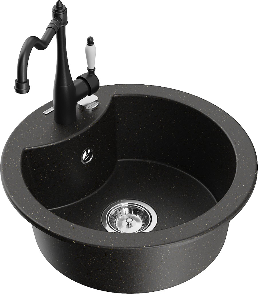 MEXEN/S MEXEN/S - Diego granitový drez 1-miska vrátane batérie Carla, čierna/zlatá metalik 6512-75-670700-70