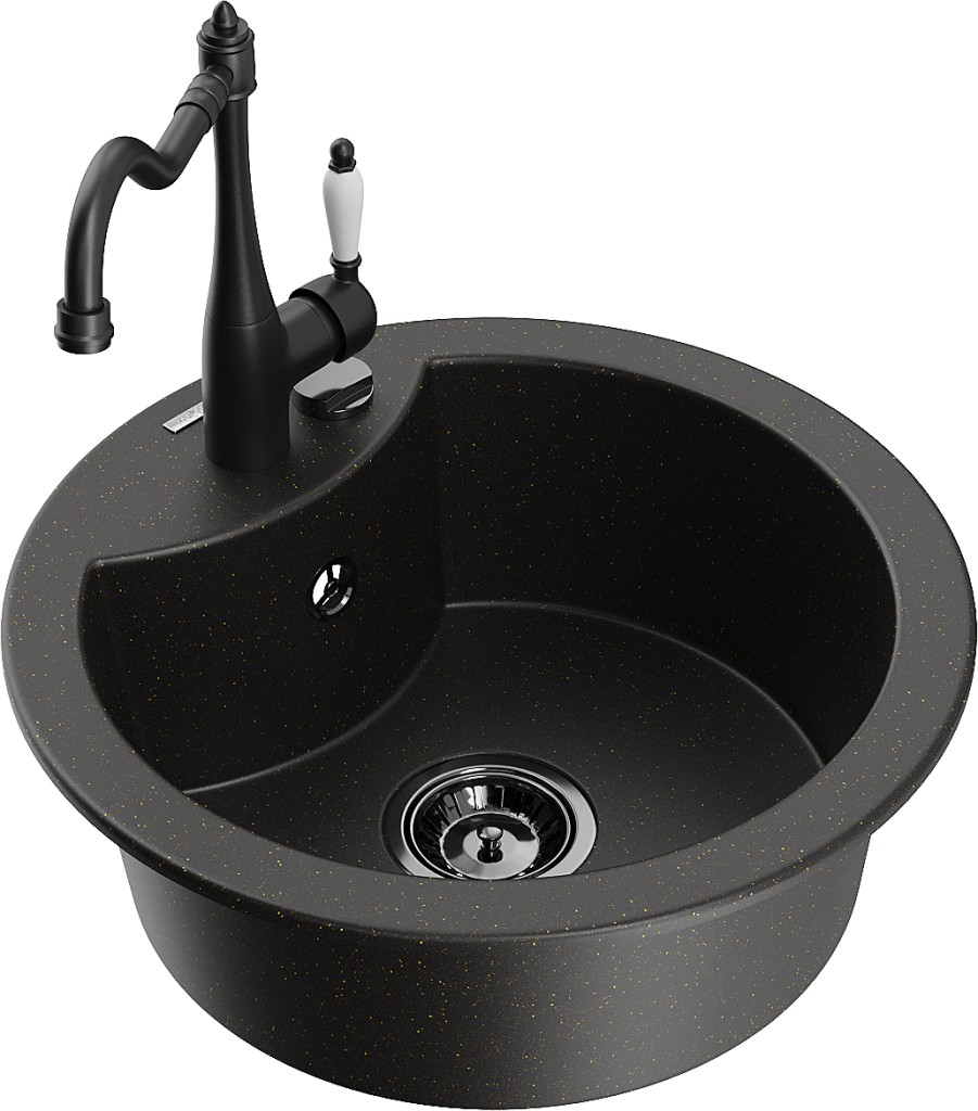 MEXEN/S MEXEN/S - Diego granitový drez 1-miska vrátane batérie Carla, čierna/zlatá metalik 6512-75-670700-70-B