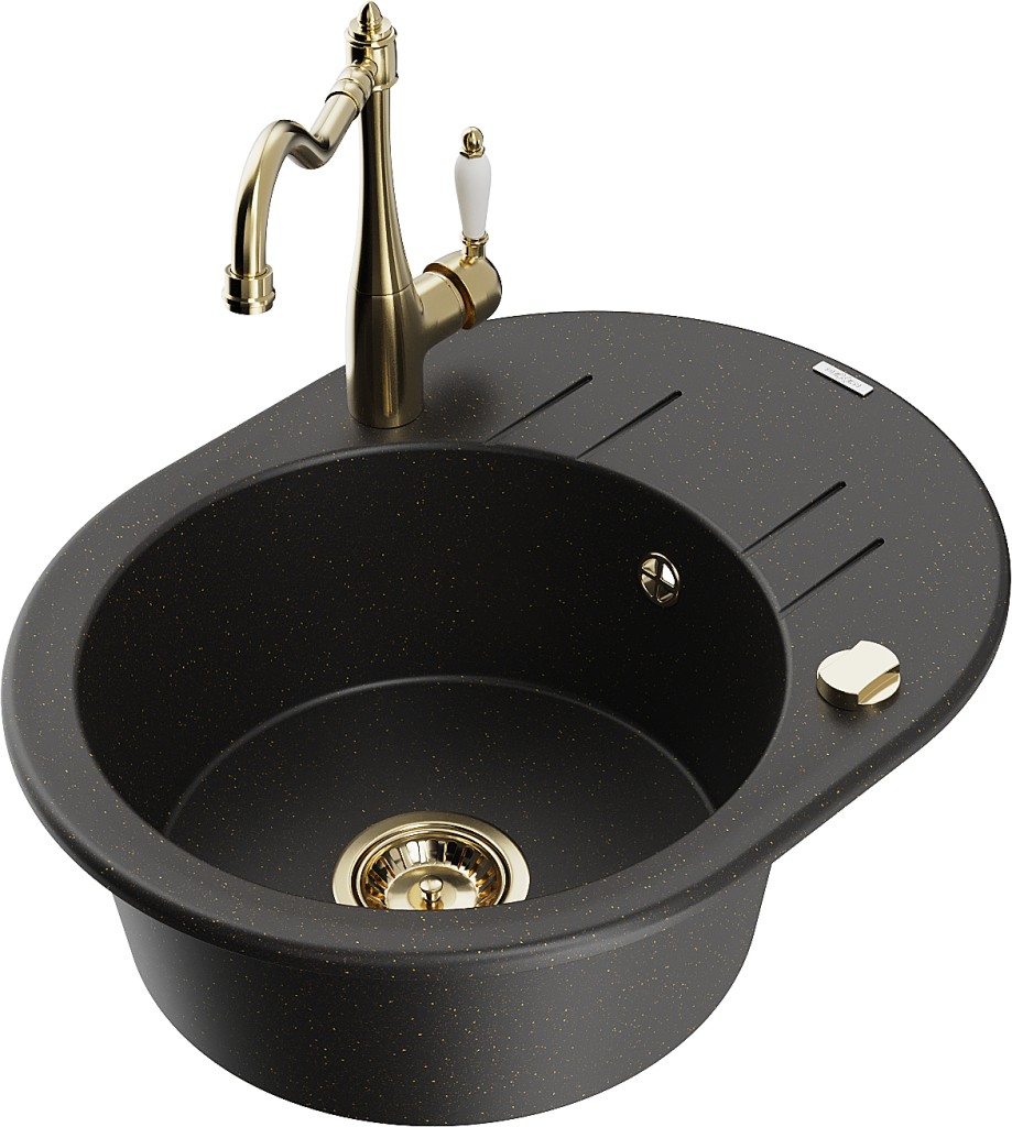 MEXEN/S MEXEN/S - Kevin granitový drez 1-miska s odkvapkávačom vrátane batérie Carla, čierna/zlatá metalik 6517-75-670700-50