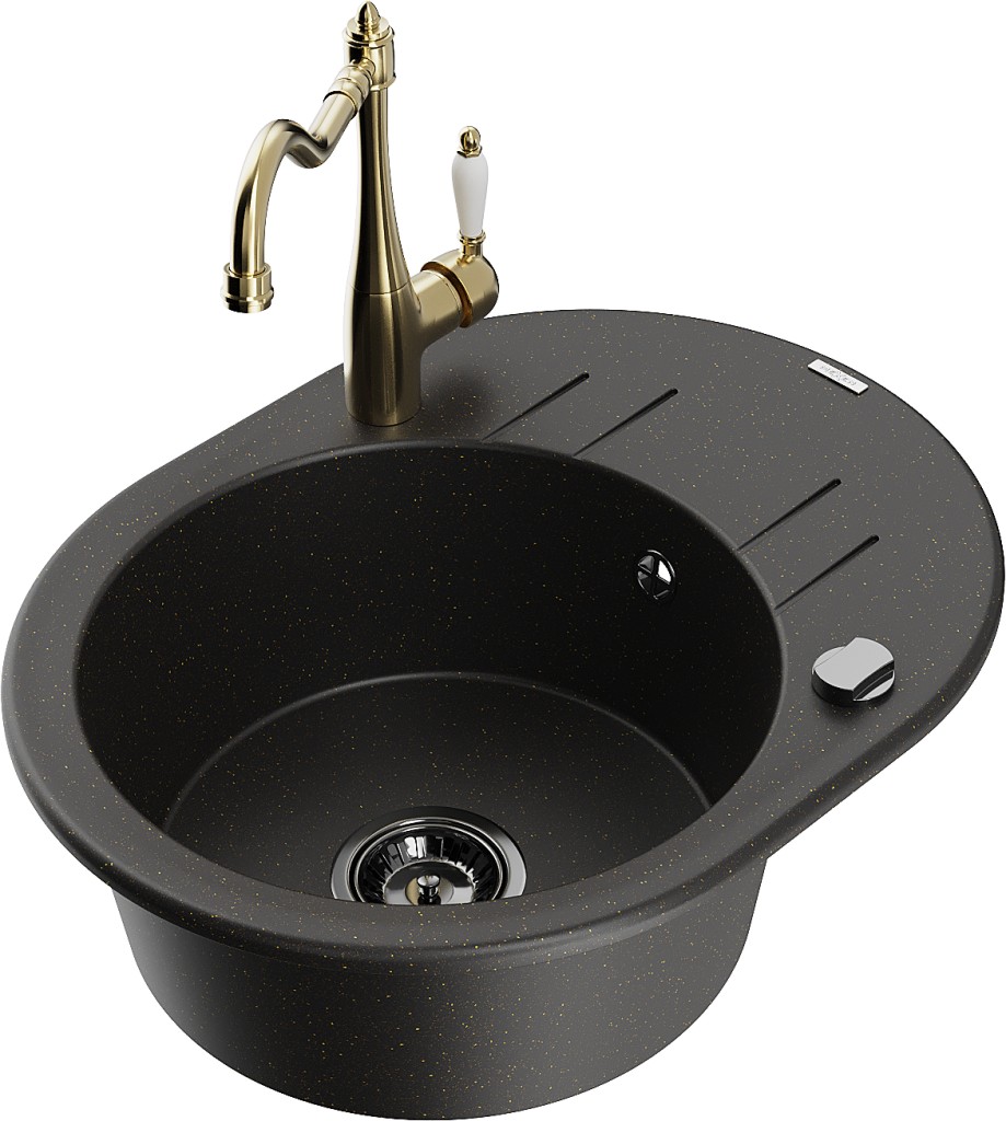 MEXEN/S MEXEN/S - Kevin granitový drez 1-miska s odkvapkávačom vrátane batérie Carla, čierna/zlatá metalik 6517-75-670700-50-B