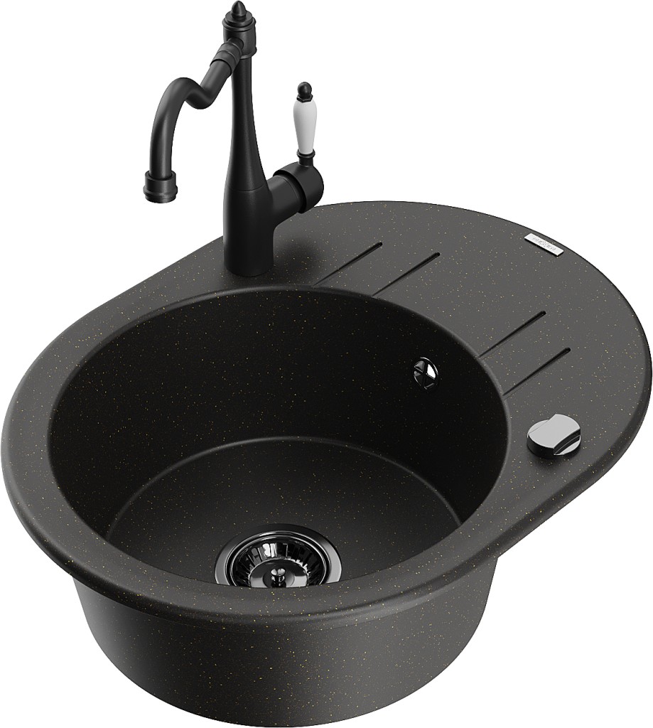 MEXEN/S MEXEN/S - Kevin granitový drez 1-miska s odkvapkávačom vrátane batérie Carla, čierna/zlatá metalik 6517-75-670700-70-B