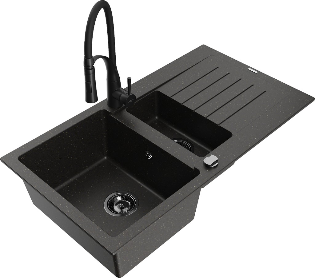 MEXEN/S MEXEN/S - Matias granitový drez 1.5 s odkvapkávačom vrátane batérie Aster, čierna/zlatá metalik 6502-75-73450-70-B