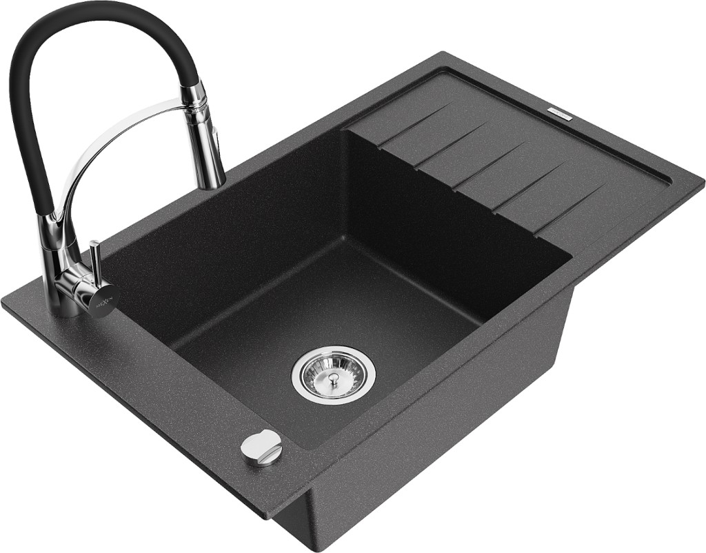 MEXEN/S MEXEN/S - Elias granitový drez 1 s odkvapkávačom vrátane batérie Aster, čierna kropenatá 6511-76-73450-07