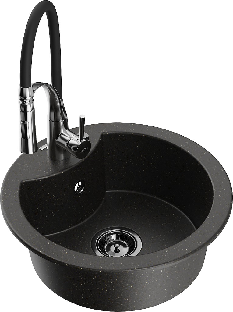 MEXEN/S MEXEN/S - Diego granitový drez 1-miska vrátane batérie Aster, čierna/zlatá metalik 6512-75-73450-07-B