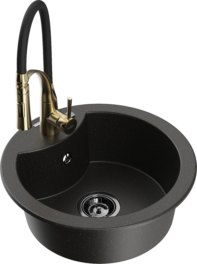 MEXEN/S MEXEN/S - Diego granitový drez 1-miska vrátane batérie Aster, čierna/zlatá metalik 6512-75-73450-57-B