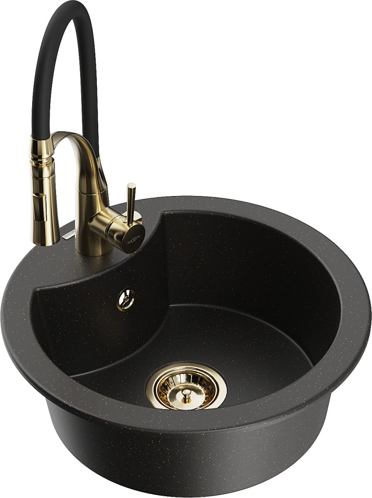 MEXEN/S MEXEN/S - Diego granitový drez 1-miska vrátane batérie Aster, čierna/zlatá metalik 6512-75-73450-57-G